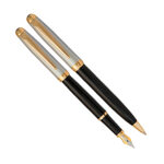 ست خودکار و خودنویس مدل LEO از برند pierre cardin بدنه نیمه مشکی _ نقره ای مات گیره طلایی