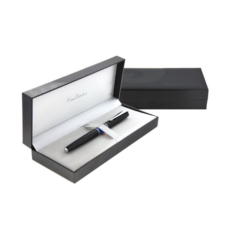 خودنویس مدل LIBRA از برند pierre cardin بدنه مشکی قسمت میانه آبی مرمری با گیره کروم