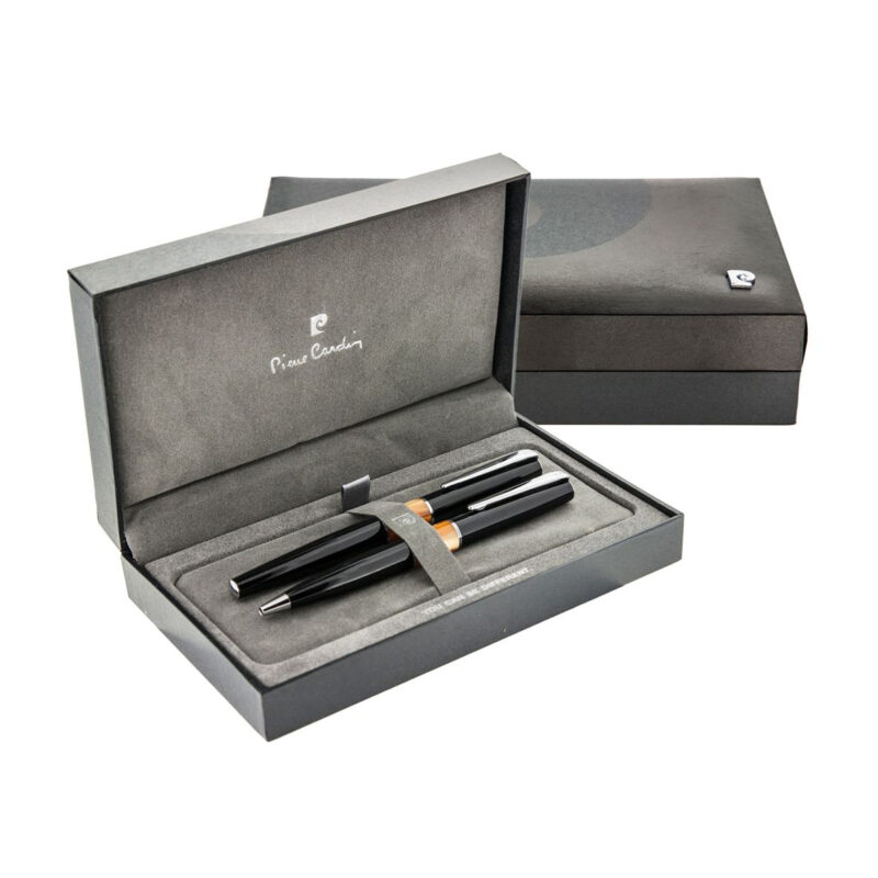 خودکار و خودنویس مدل LIBRA از برند pierre cardin بدنه مشکی قسمت میانه قهوه ای مرمری با گیره کروم