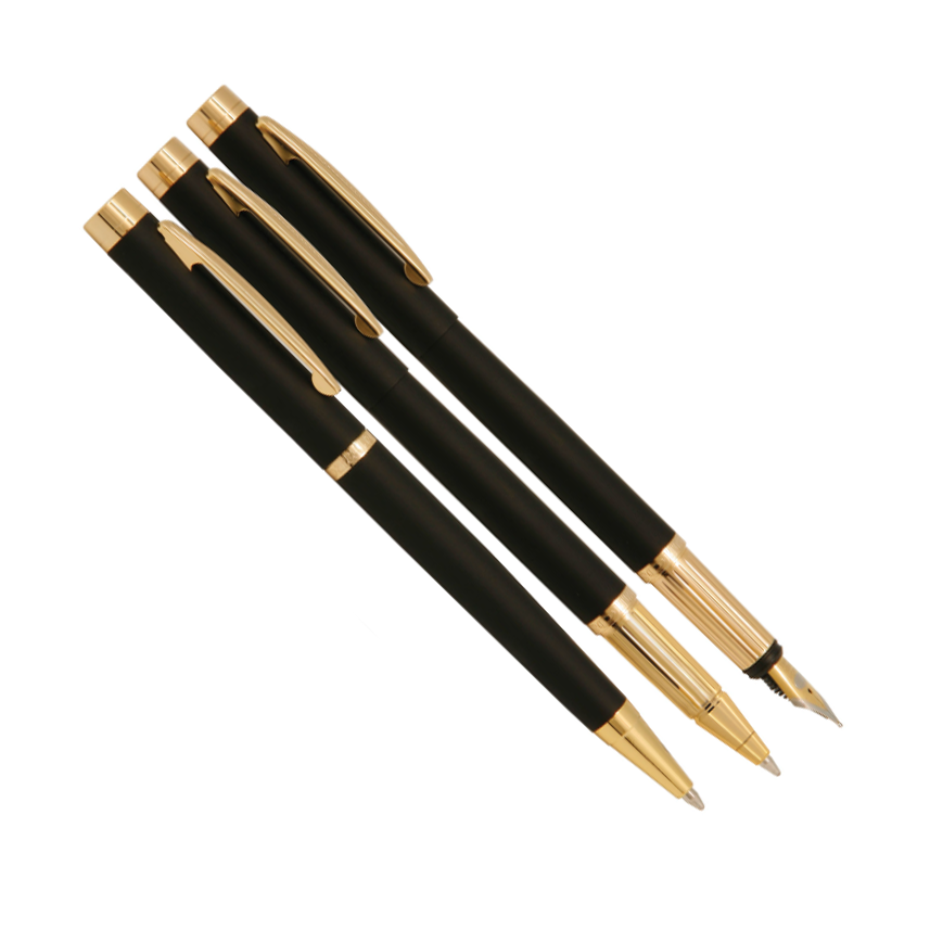 سه تایی مدل ELLESSE خودکار، روان نویس و خودنویس ایپلومات سه تایی مدل ELLESSE خودکار، روان نویس و خودنویس ایپلومات بدنه مشکی گیره طلایی