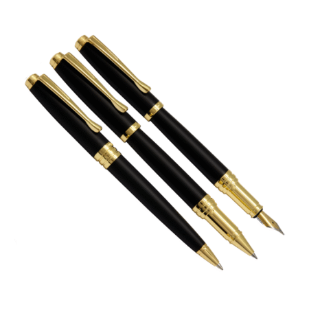 ست سه تایی مدل ARENA خودکار، روان نویس و خودنویس از برند Iplomat بدنه مشکی مات و گیره طلایی