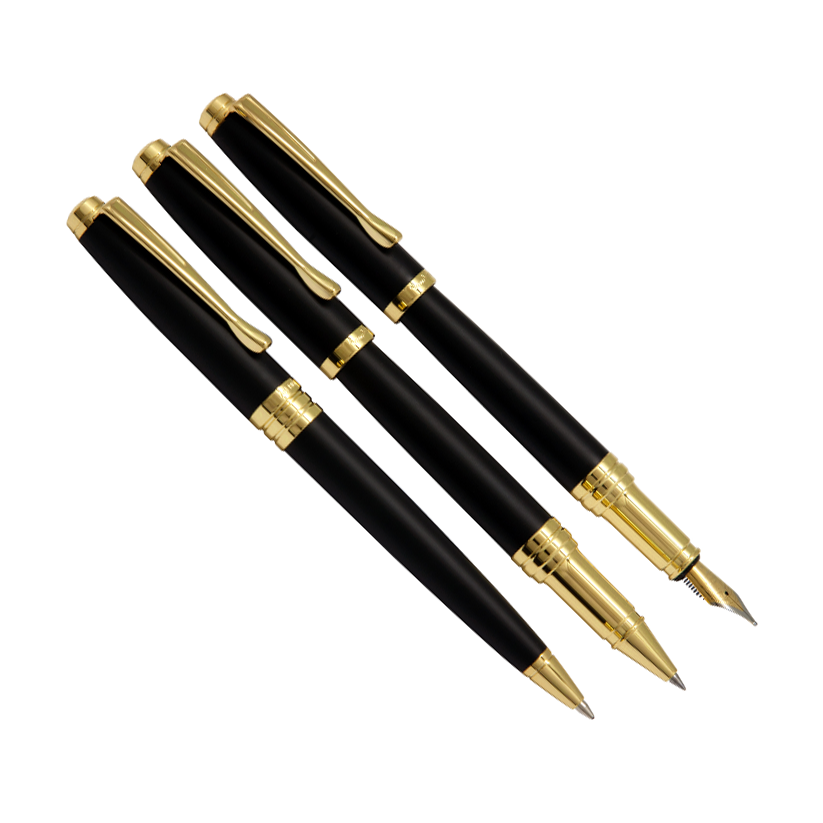 ست سه تایی مدل ARENA خودکار، روان نویس و خودنویس از برند Iplomat ست سه تایی مدل ARENA خودکار، روان نویس و خودنویس از برند Iplomat بدنه مشکی مات و گیره طلایی