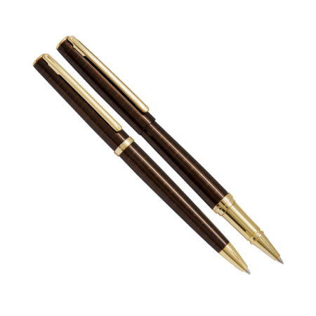 ست خودکار و روان نویس مدل MULLER از برند Iplomat بدنه قهوه ای پیچازی گیره طلایی