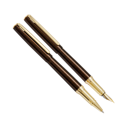 ست روان نویس و خودنویس مدل MULLER بدنه قهوه ای پیچازی گیره طلایی